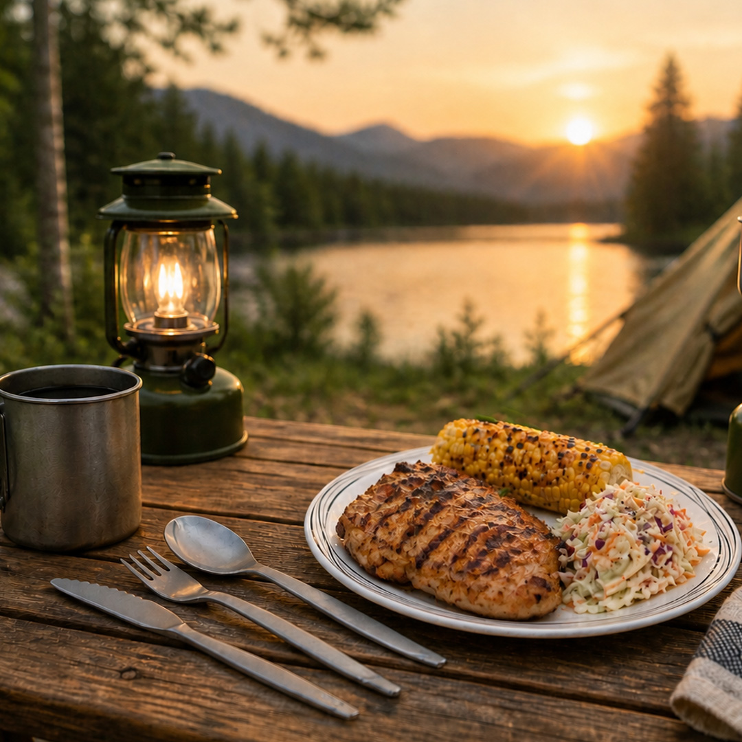 Silver cutlery set in camping setting