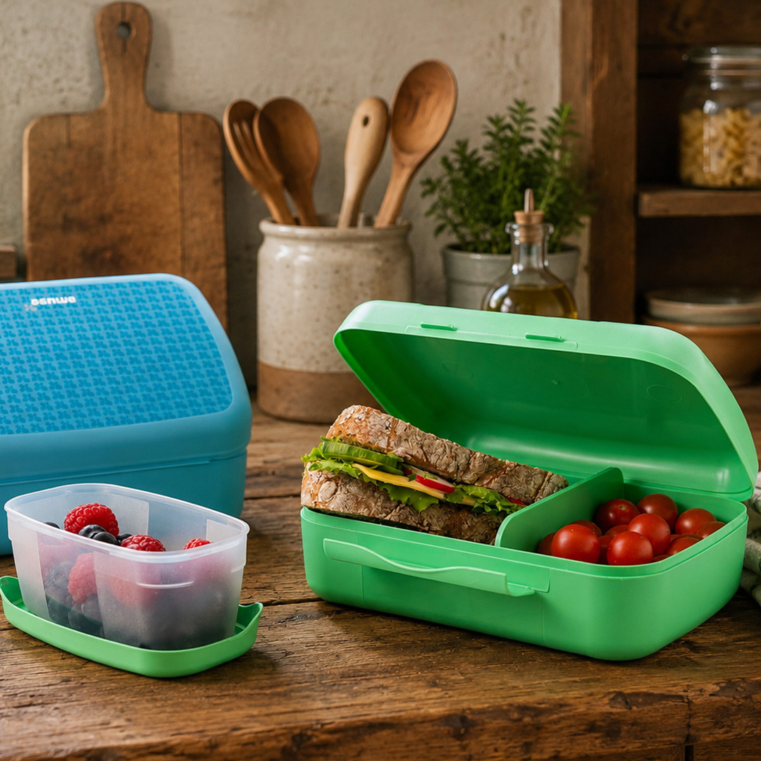 Green & Blue Amuse Compartment Lunch Box in in rustic kitchen setting