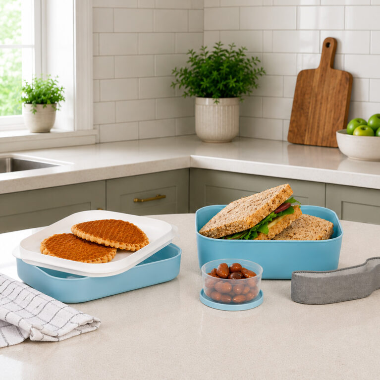Amuse 3-in-1 Lunchbox blue in kitchen setting with sandwich and waffles