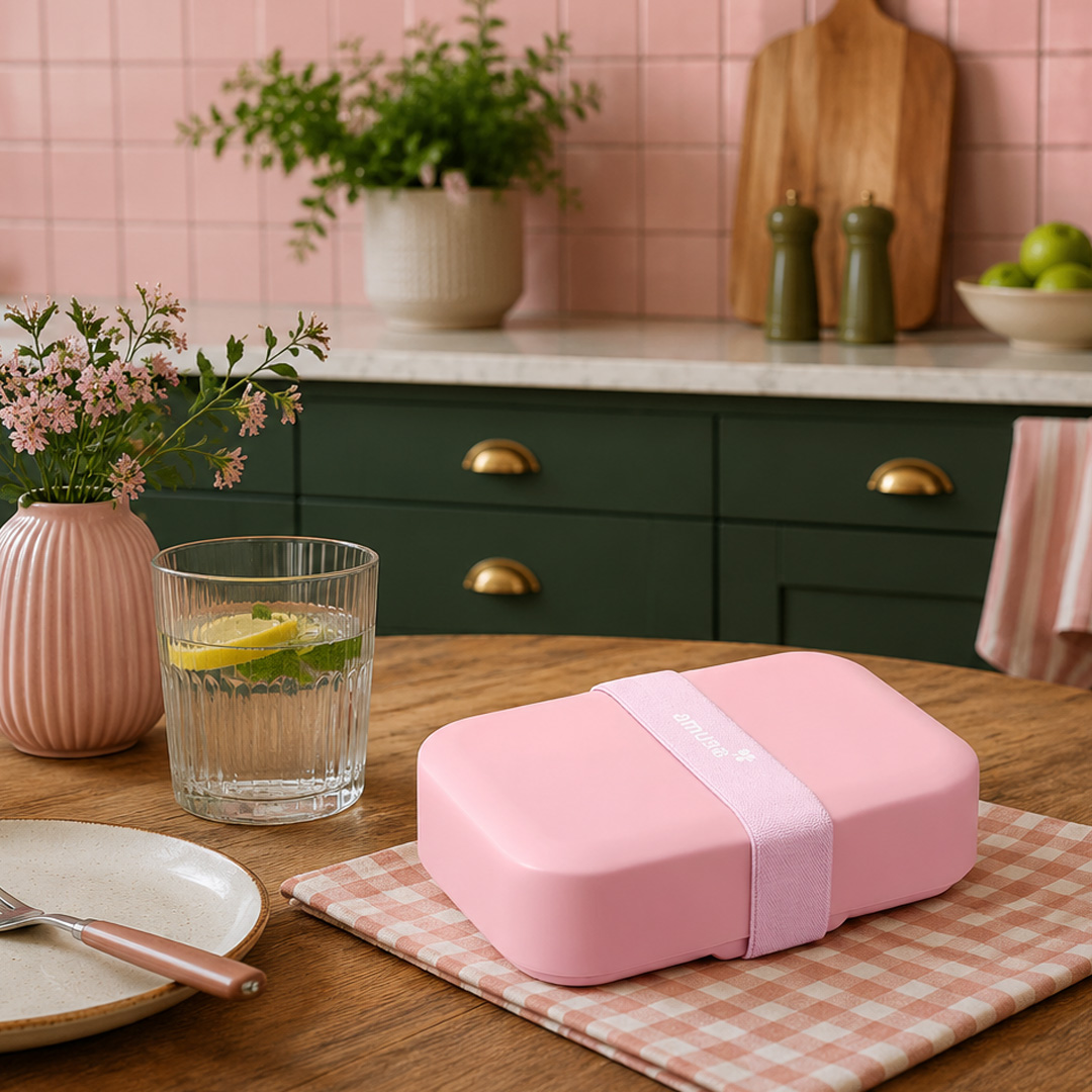 Amuse pink 650ml Adjustable Lunchbox in kitchen setting with accents of green and pink